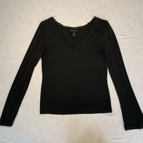 The Limited Tops - The Limited Black V-Neck Long Sleeve Lace Trim Top